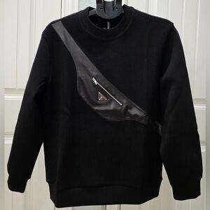 Prada Black Crewneck Sweater with Sleek Faux Leather Accent